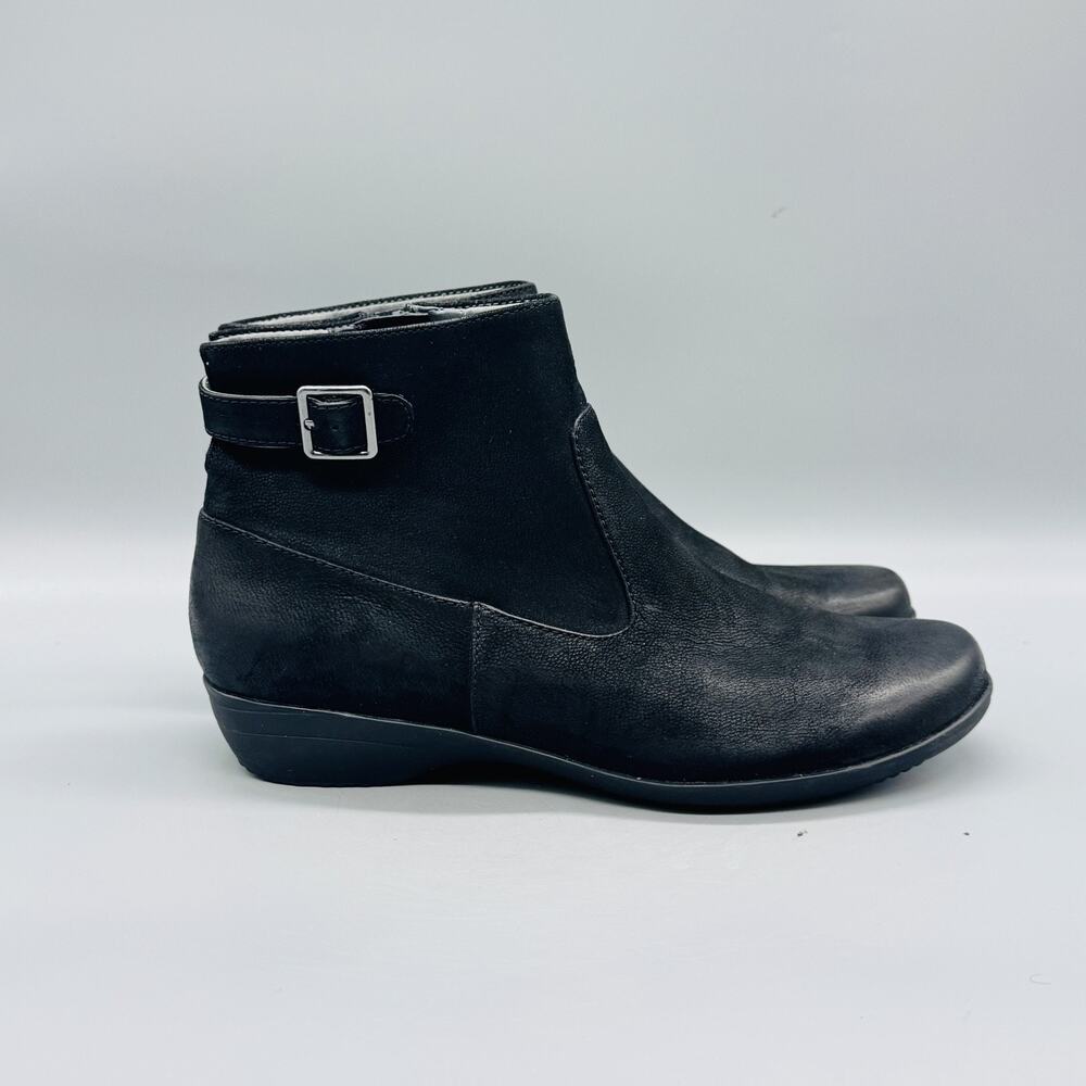 Dansko Boots Women 9.5 Black Nubuck Finnley Ankle Buckle Wedge Booties Zip Shoes